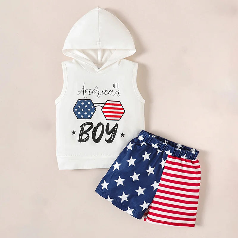 Toddler Baby Boy 4th of July Outfits, Letter Print Hooded Tank Tops Elastic Waist Striped Shorts Infant Summer Set