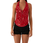 Elegant  Sequins Patchwork Women Halter Tops Summer Beaded Floral Pattern Backless Shirts Vest for Streetwear Aesthetic  Clothes