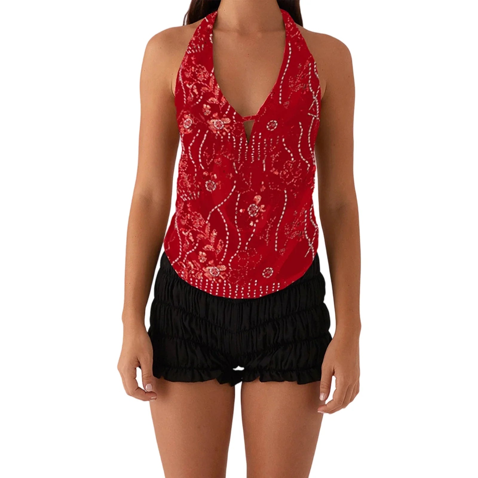 Elegant  Sequins Patchwork Women Halter Tops Summer Beaded Floral Pattern Backless Shirts Vest for Streetwear Aesthetic  Clothes