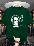 Summer men's 100% cotton casual loose fit plus size music themed printed comfortable sports round neck short sleeved T-shirt top