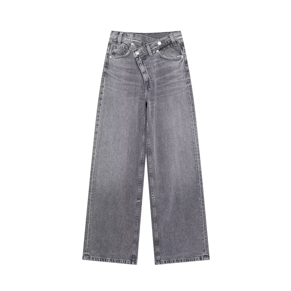 TRAF Women's Basic Hundred Jeans New Fashion Asymmetric Design High Waist Wide Leg Trousers Casual Women's Straight Leg Jeans
