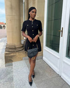 Elegant Women's Knitted Short Sleeve Dress Single Breasted High Waist Button Mini Curvy Dresse Knitwears White Black Summer 2025