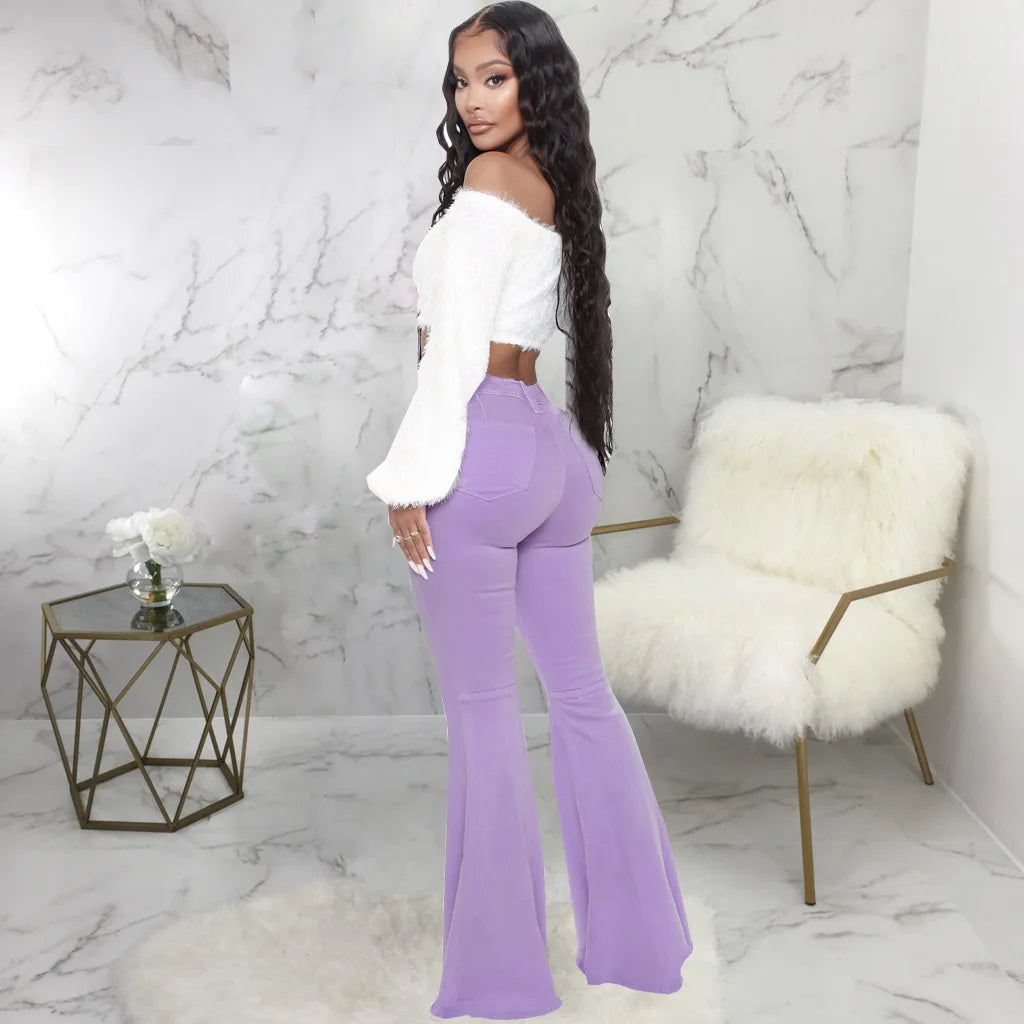 Women Jeans Flare Pants Sexy Denim Long Pant Hip Wrap Casual Solid Elegant Splice Regular Slim Fit High Waist Trousers Summer