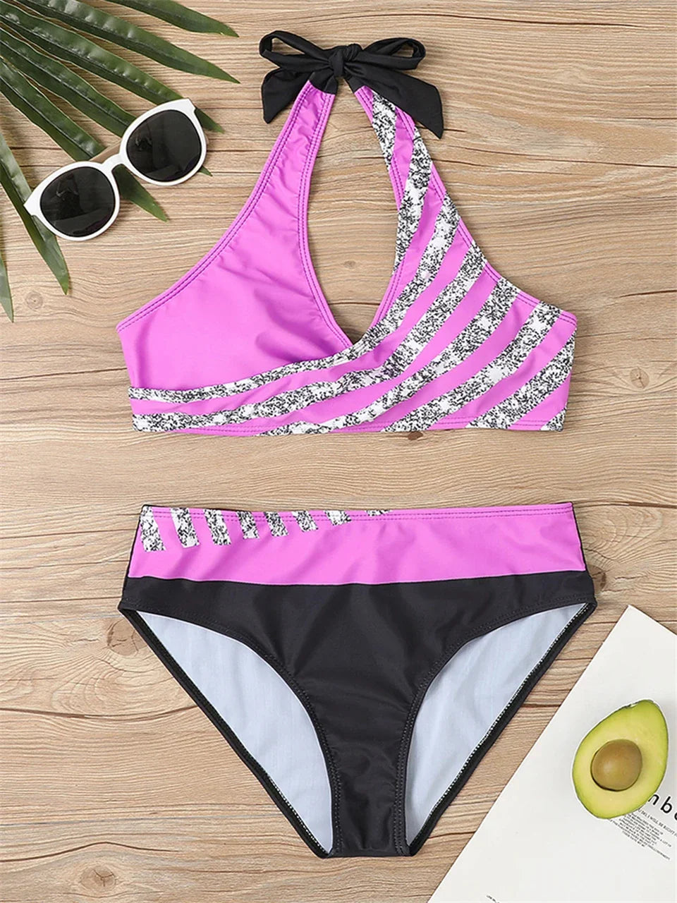 V Neck Bikini Set 2024 Women Stripe Print Patchwork Swimwear Summer Beachwear Swimsuit Female Bathers Bathing Swimming Suit 2XL