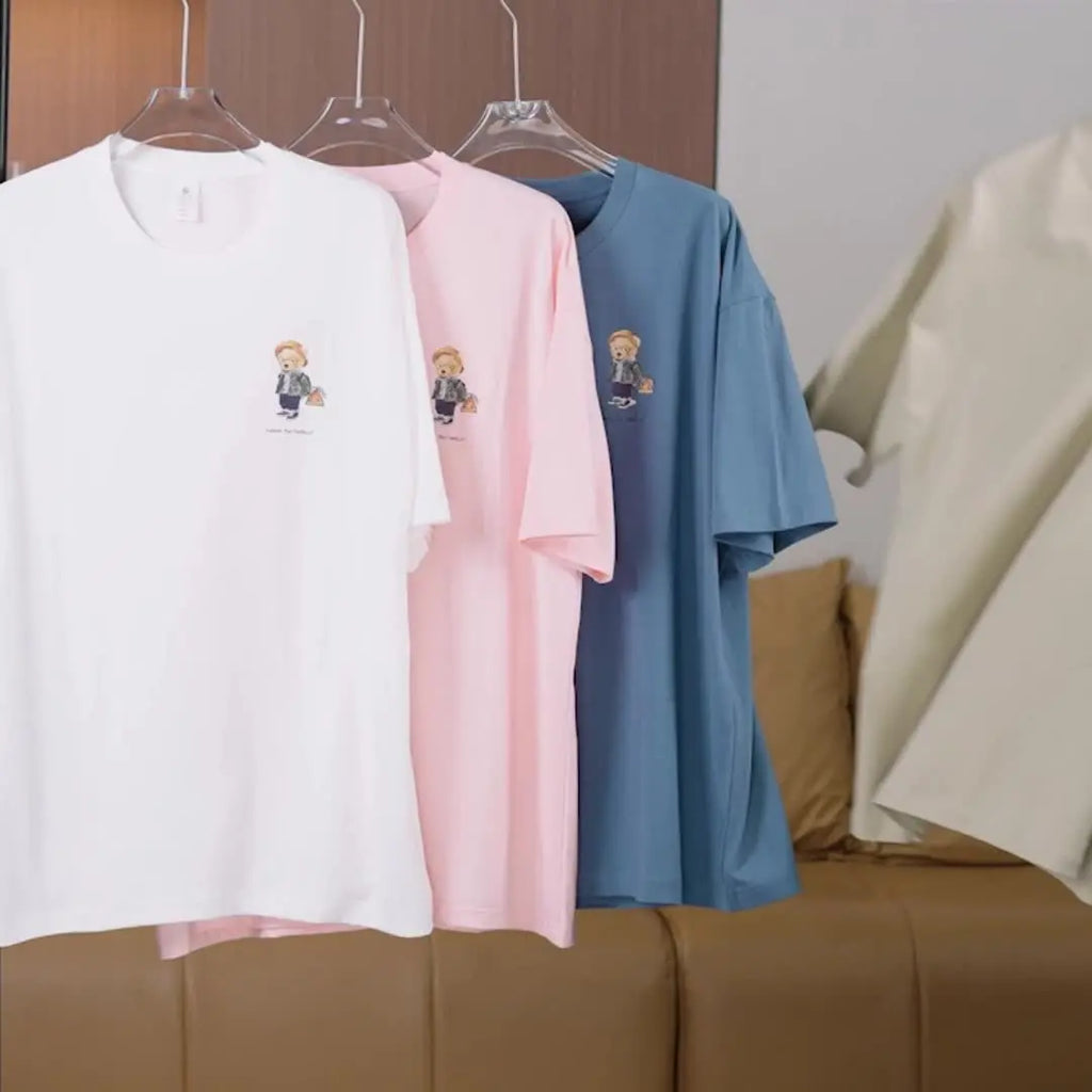 Men's 100% pure cotton summer loose size cartoon pattern printed casual and comfortable round neck short sleeved T-shirt top