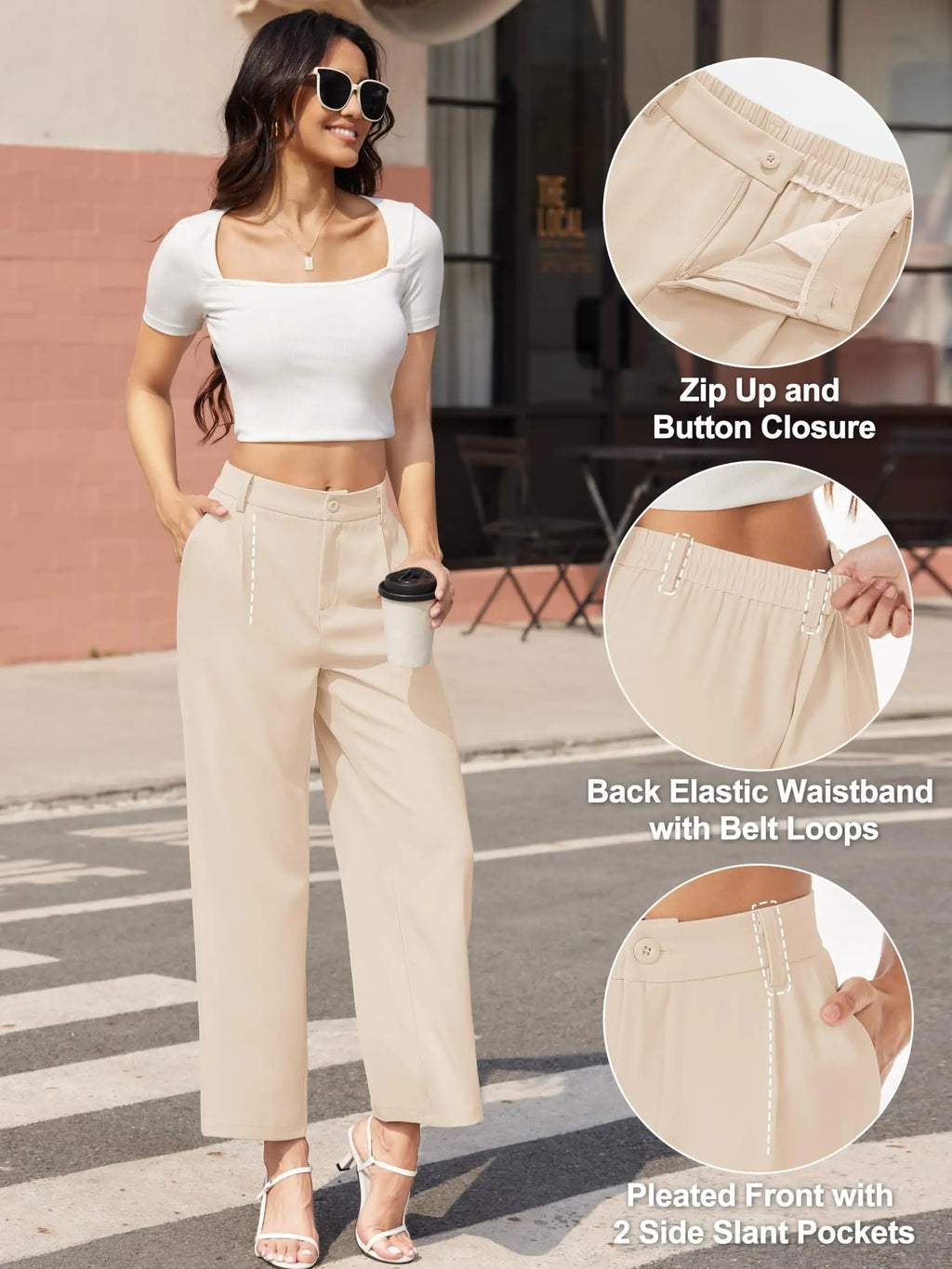 TACVASEN High Waisted Fashion Wide Leg Trousers Womens Loose Casual Long Pants Lightweight Soft Button Closure 2 Pockets Pants