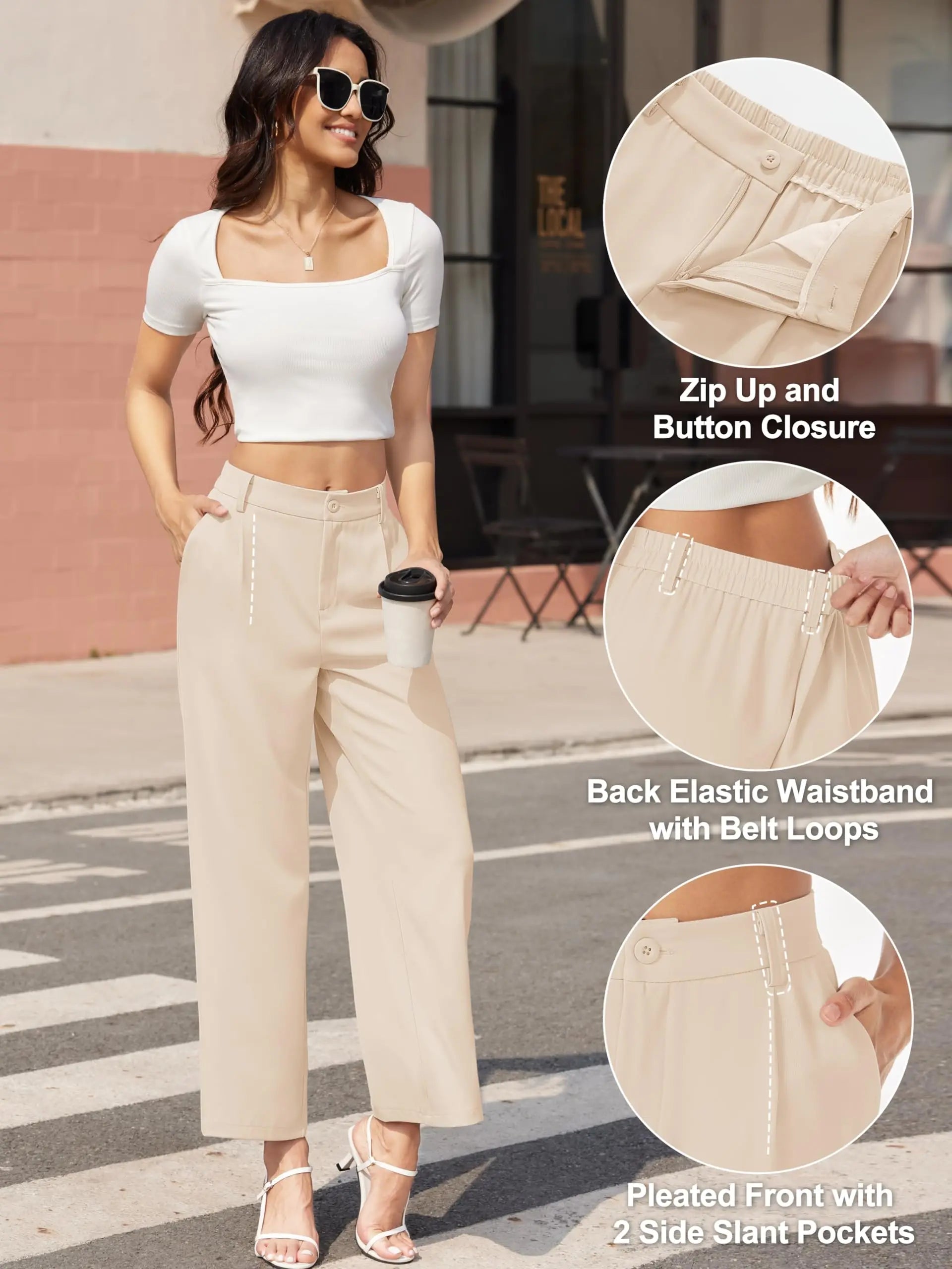TACVASEN High Waisted Fashion Wide Leg Trousers Womens Loose Casual Long Pants Lightweight Soft Button Closure 2 Pockets Pants