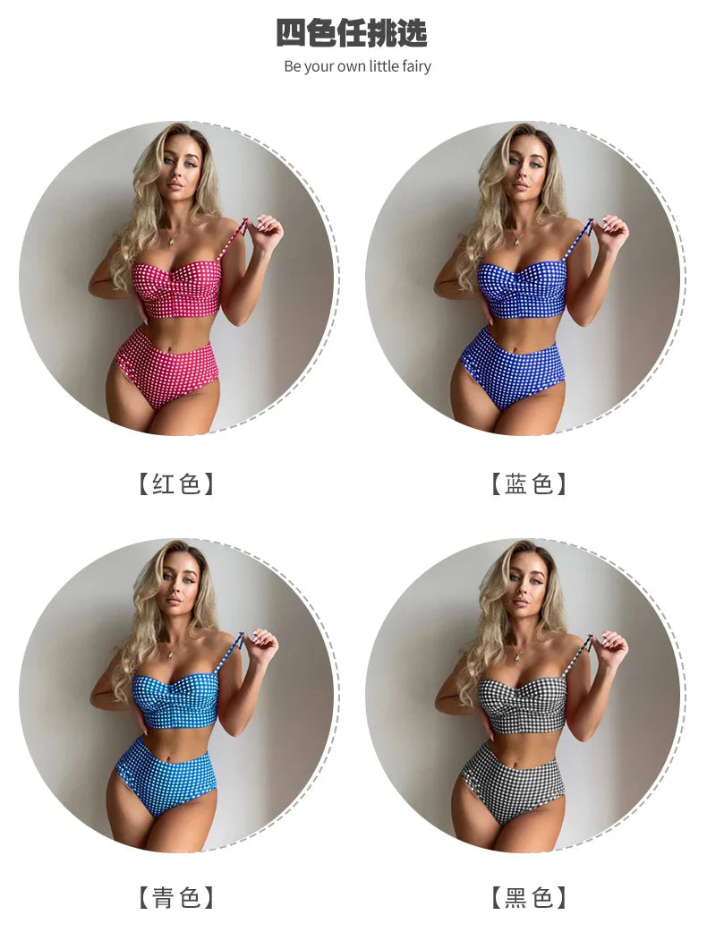 Women Sexy Slim Plaid Two Pieces Swimsuit High Waisted Bikini Swimwear 2024 Bikini Sets Size S-3XL Rose Red/Black/Blue/Sky Blue
