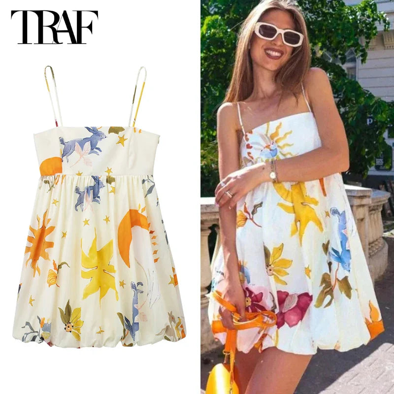 TRAF Print Slip Mini Dress Women Sleeveless Summer Dress Woman 2024 Ruched Sundress Vestidos Backless Short Dresses for Women