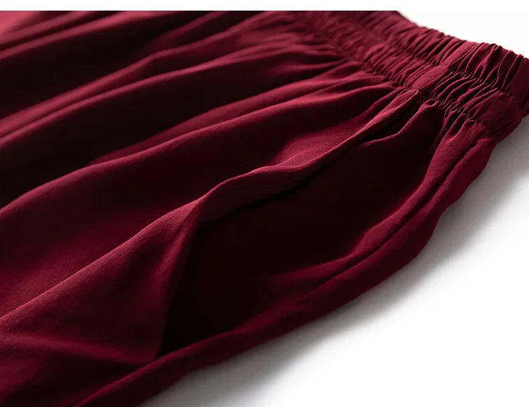 SuyaDream Women Wide Leg Pants 100%Real Silk Solid Elastic Waisted Ankle-length 2024 Office Spring Autumn Chic Trousers Black