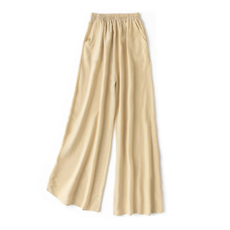 SuyaDream Women Wide Leg Pants 100%Real Silk Solid Elastic Waisted Ankle-length 2024 Office Spring Autumn Chic Trousers Black