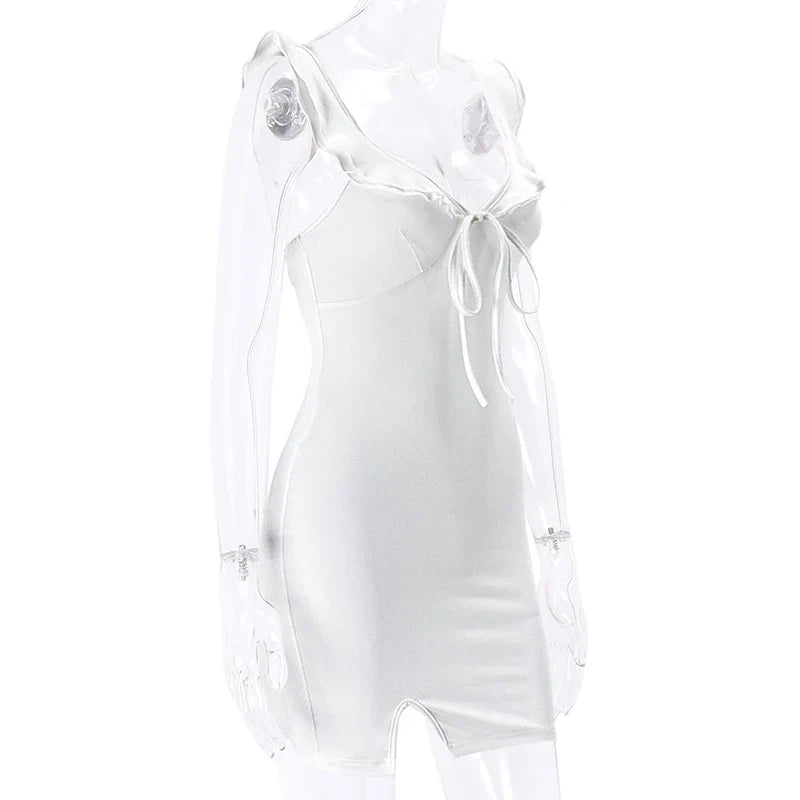 Xeemilo Solid Deep V-neck Sleeveless Dress 2022 Summer Elegant Women Ruffles Split Mini Dresses Sexy Slim Party Clubwear Vestido