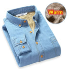 New 2025 Autumn Winter Warm Denim Jeans Dress Shirt Men Fleece Lined Velvet Shirts Button Down Brand Male Bottoming Men's Shirt