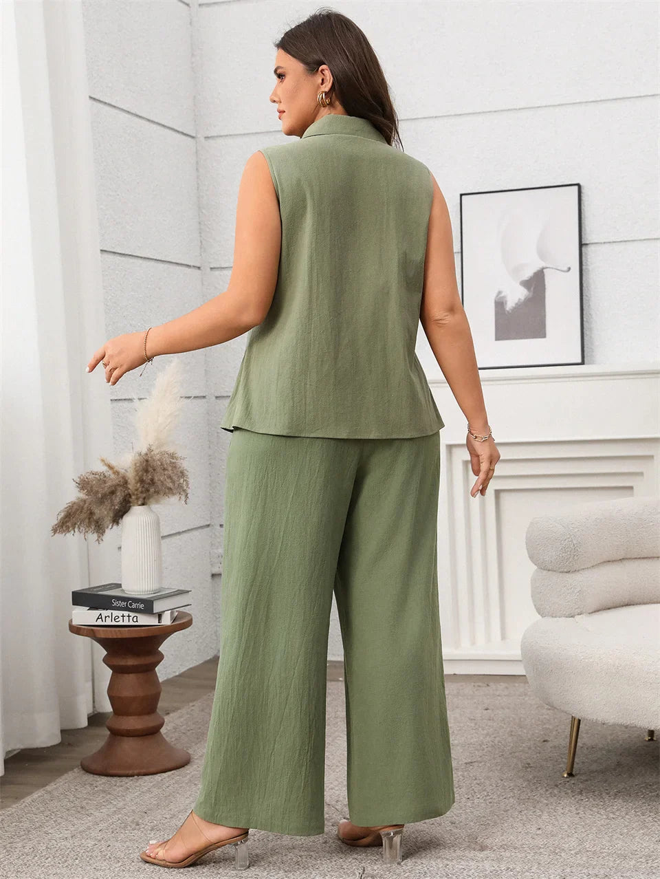 GIBSIE Plus Size Two Piece Set For Women Solid Notched Neck Sleeveless Vest And Wide Leg Pants 2025 Summer Office Ladies Suit