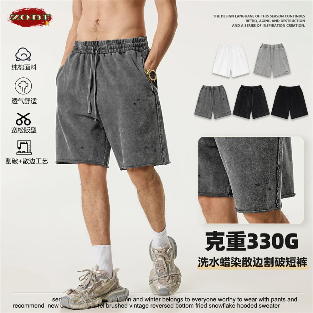 ZODF Retro 2025 Summer High Street Cotton Shorts Unisex Vintage Washed 310gsm Holes Distressed Shorts Brand Streetwears HY0985