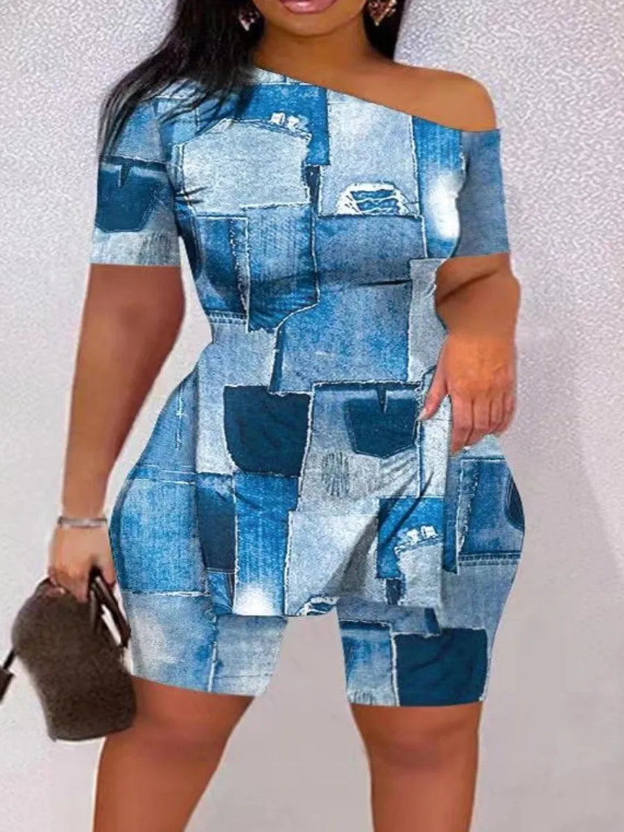 LW Plus Size Two piece set Figure Print Striped Split Pants Set One Shoulder Long Sleeve sexy women suit Streetwear Tracksuit