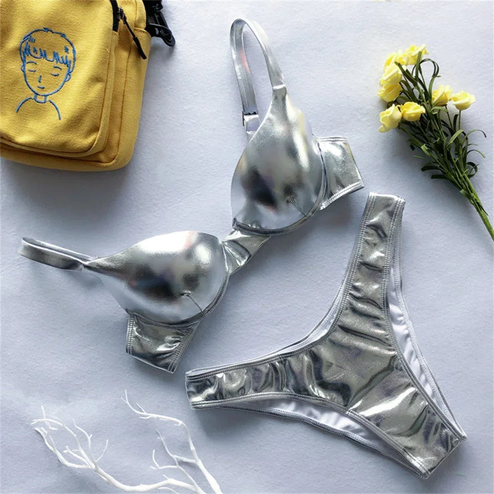 Gold Bikini Push Up Bra Women Trend Y2K Swimwear Glossy Metallic Beach Outfit Swimsuit Bath Suit Club Micro Bikinis Tangas Mujer
