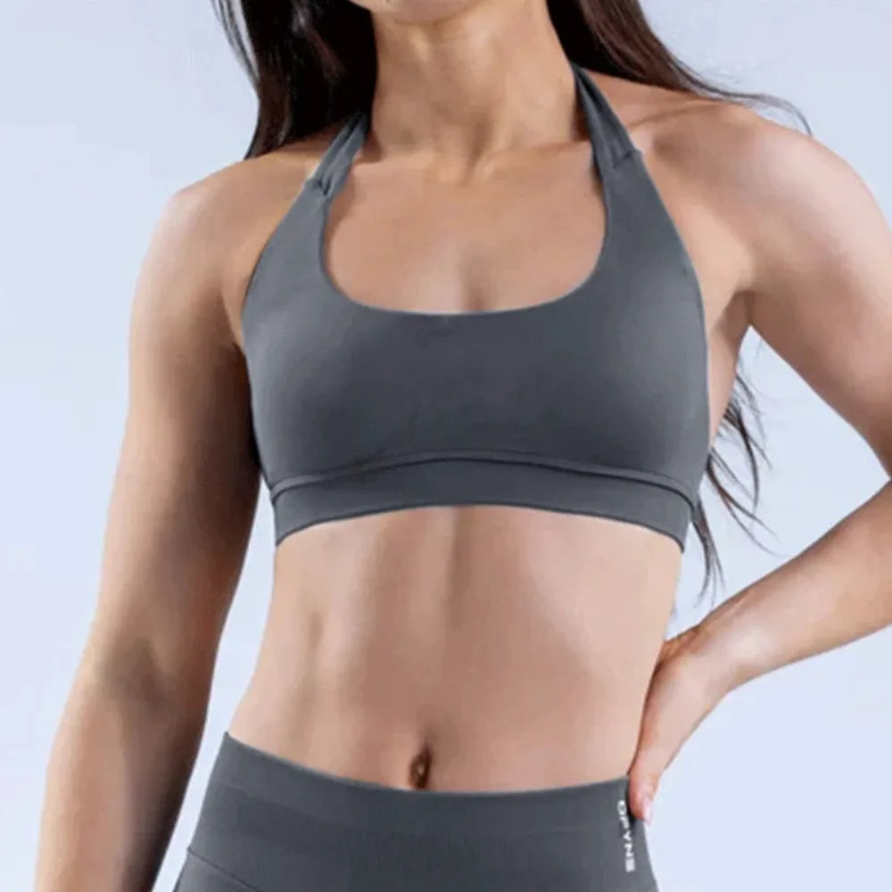 D LOGO Sports Bra Women Seamless Halter Neck Strap Bra with Logo Padded Open Back Yoga Top Bra Medium Support Gym Crop Top