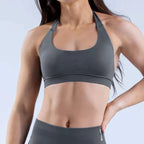 D LOGO Sports Bra Women Seamless Halter Neck Strap Bra with Logo Padded Open Back Yoga Top Bra Medium Support Gym Crop Top