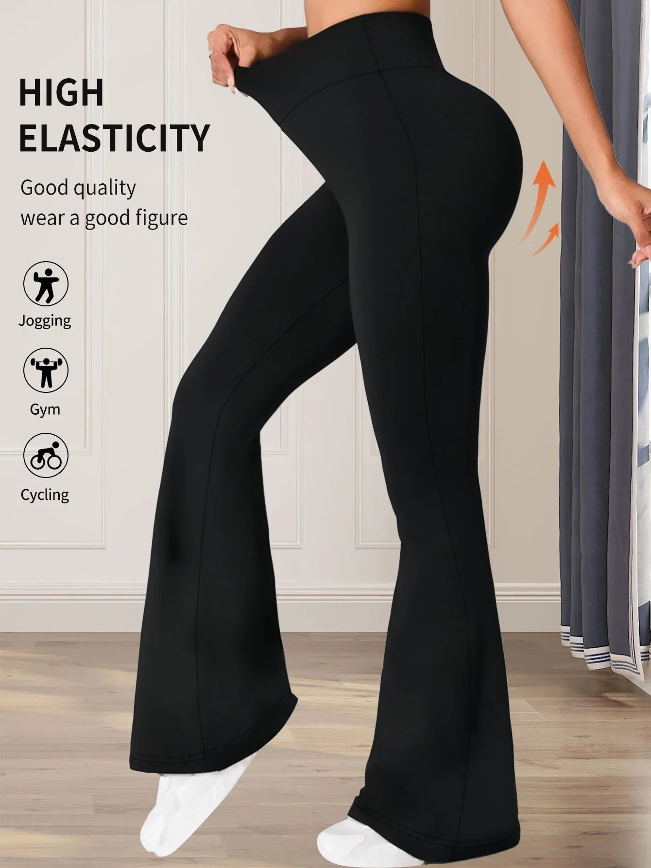 Women's spring and summer high waisted tight fitting flared pants, slim leg long black pants, thin wide leg pants for slim women