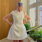 Elegant 2025 New Mini Dresses Fashion Women Black Solid Basic Pocket O-Neck Slim Fit Bodycon Casual High Waist Zipper Vestidos