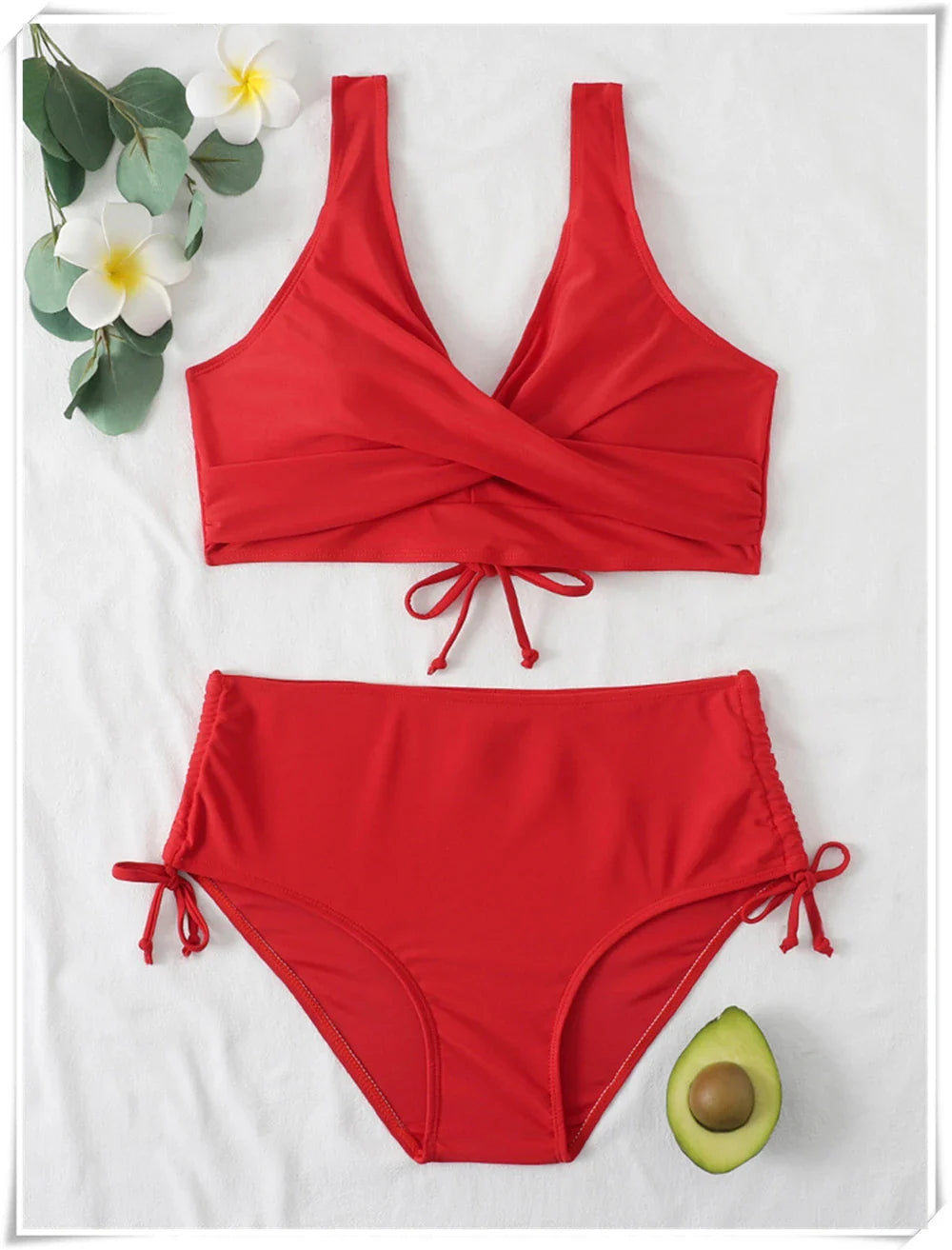 Drawstring High Waist Bikini 2023 Women Solid Swimwear Female Cross Front Swimsuit Padded Beachwear Bather Bathing Swimming Suit