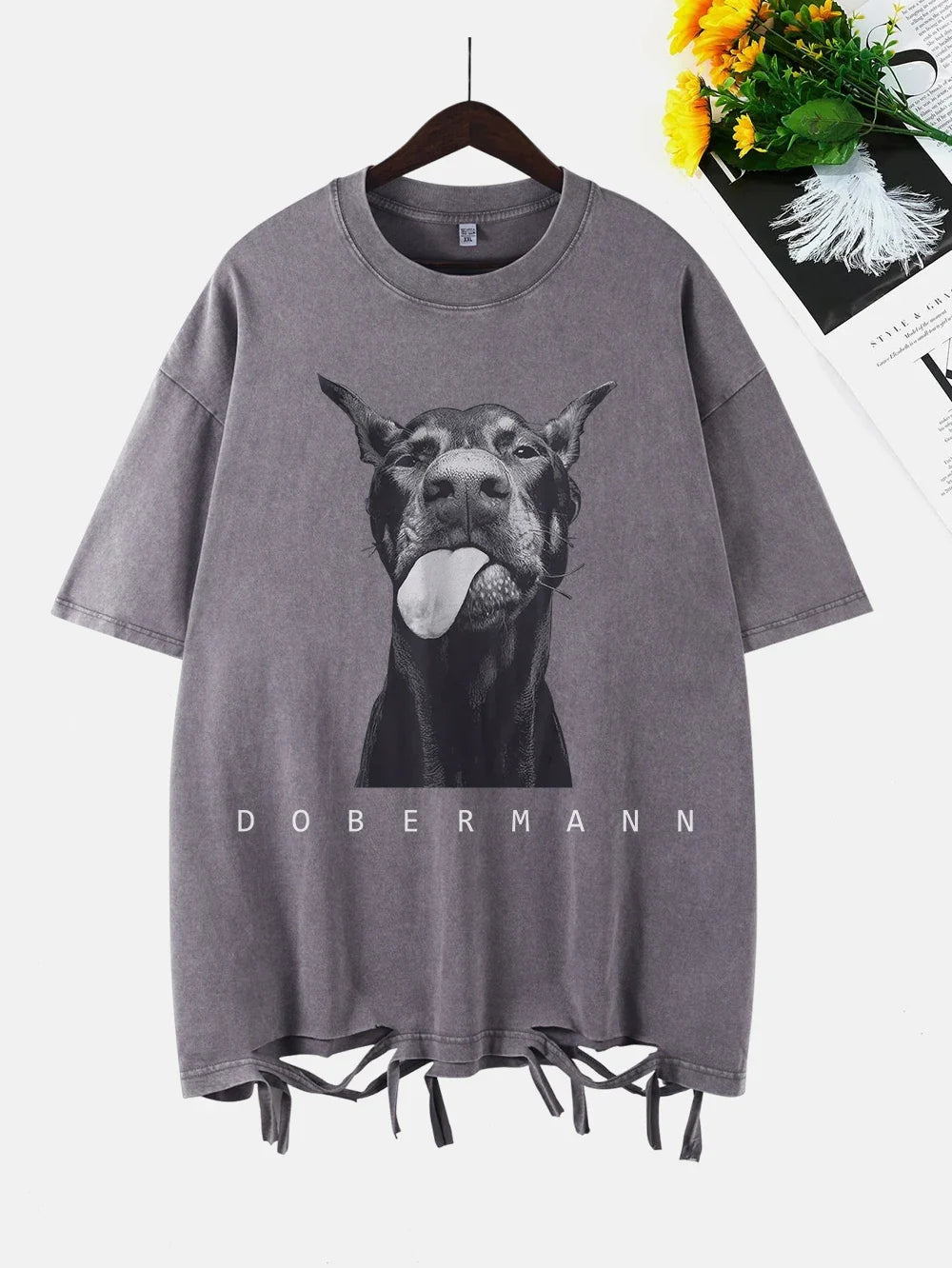 Fashion Creativity Doberman Prints Washed T-Shirt Women Cottontops Distressed O-Neck Oversize T Shirts Vintage Woman Clothes