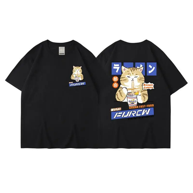 Harajuku Cat Cartoon Eating Noodles Graphic Men Women Tshirts Casual Short Sleeve Tees Japan Style Oversized T Shirt Clothing