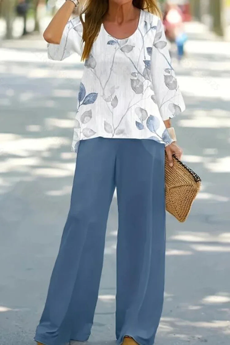 Women Plus Size 1XL-5XL Casual Outfits Set Floral Print Long Sleeve Round Neck Top Pants Outfits Two Piece Set