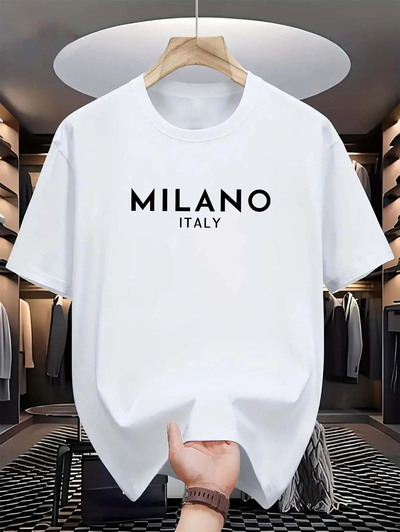 Summer men's 100% pure cotton casual loose and fashionable MILANO ITALY letter printed round neck short sleeved T-shirt top