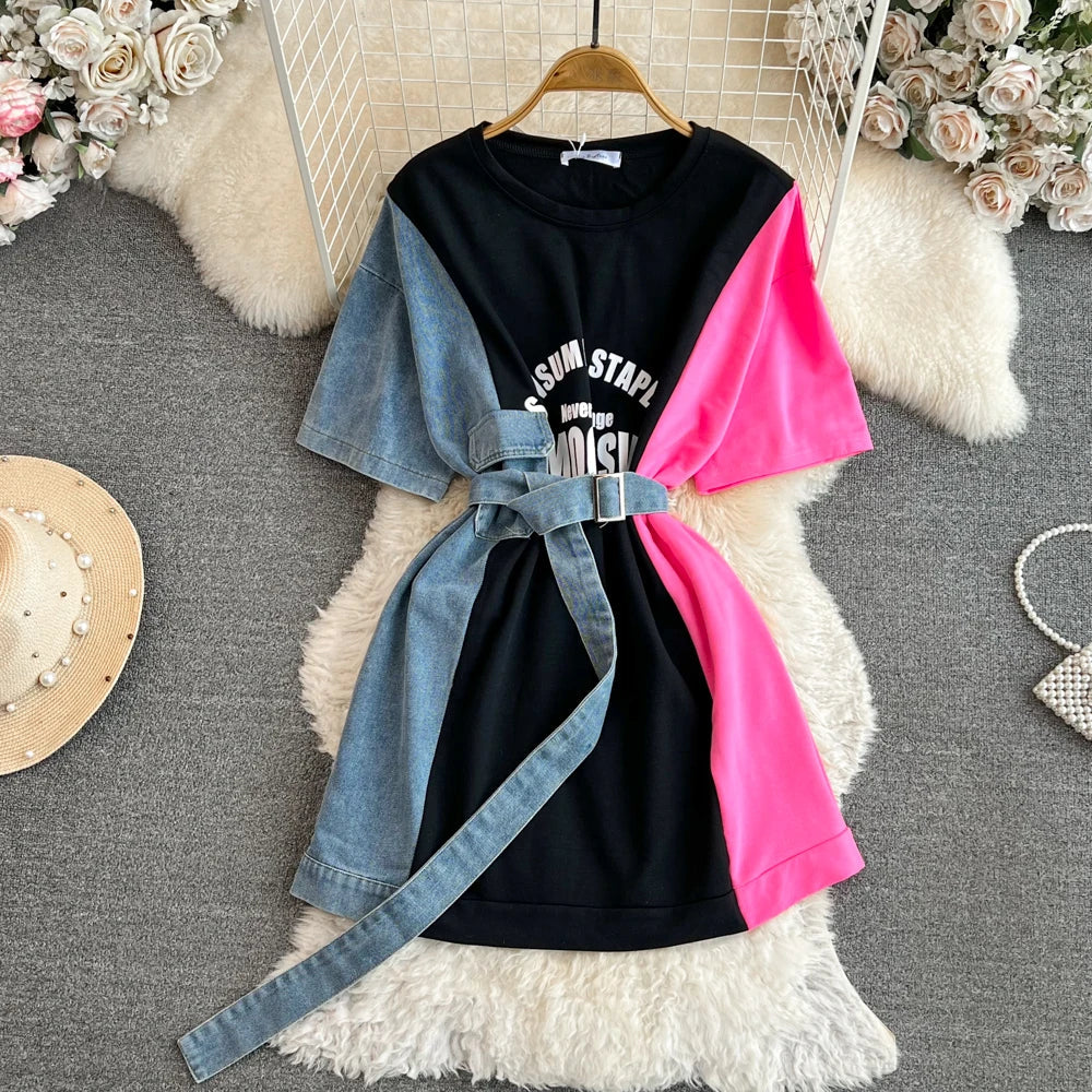 XFPV 2025 Summer Fashion Short Sleeve Round Neck High Waistband Slim A-line Denim Printed Patchwork Dress For Women SM11498