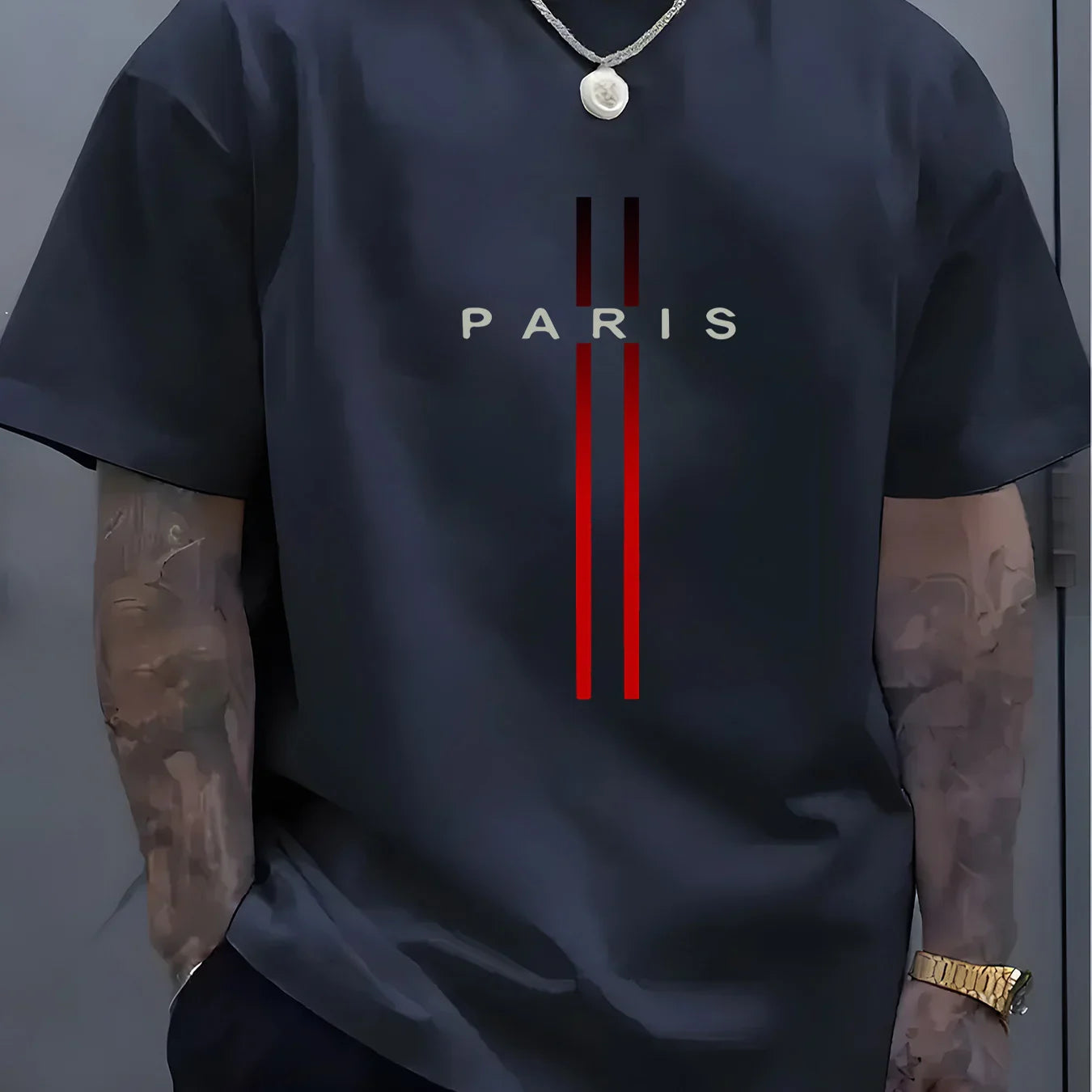 Summer men's 100% pure cotton casual loose fit plus size PARIS letter pattern printed round neck short sleeved T-shirt top