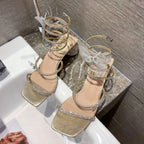 Xibeilove 2024 Summer Luxury Women Sandals Crystal Square Head Gold Rhinestone Snake Pattern High Heels Wedding Party Shoes