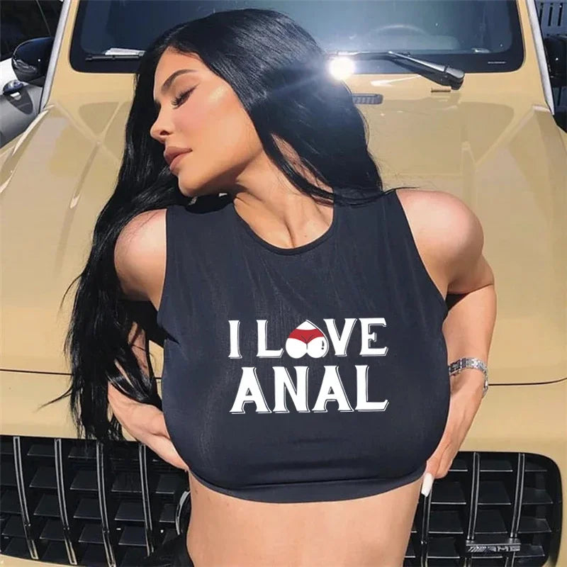 I LOVE ANAL Letters Print Summer Fashion Women Sexy Slim Tops O-neck Sleeveless Double Nylon Ladies Good Quality Tank Top