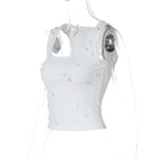 Dulzura Ribbed Sleeveless Crop Tank With Water Droplets Diamond Decorate Sexy Elegant Top Party Club Streetwear Spring Summer