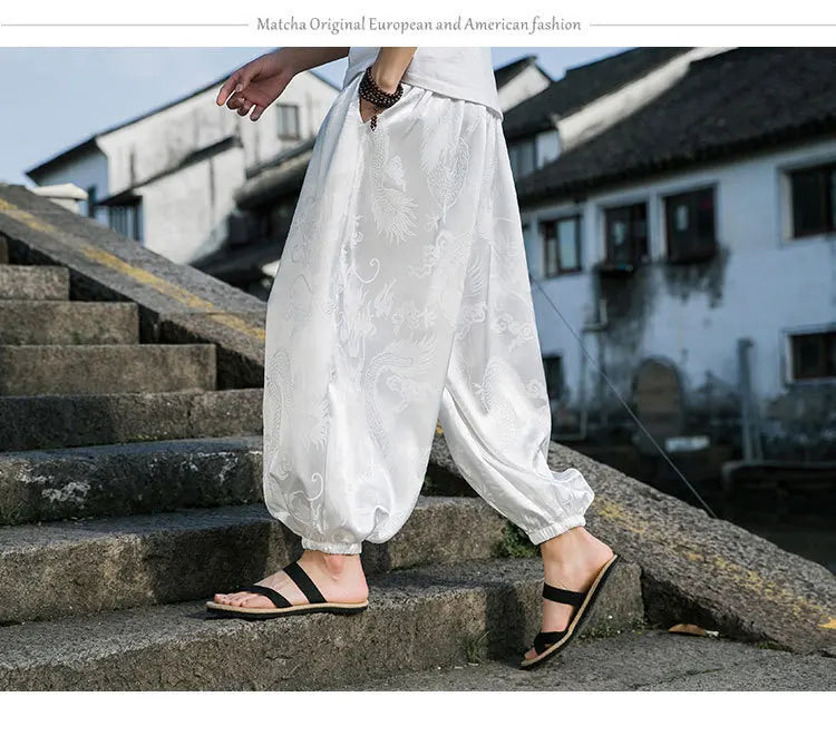 FGKKS 2023 Outdoor Brand Pants For Men Lce Silk Dragon Dark Flower Loose Bloomers High Quality Wide Leg Casual Trousers Male