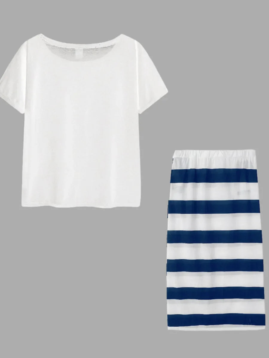 LW Plus Size matching sets Two Piece dress sets Letter Print Striped Skirt Set Fashion Casual Summer Tops+Bottoms Matching Outfi