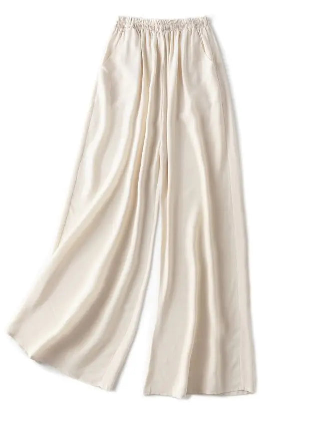 SuyaDream Women Wide Leg Pants 100%Real Silk Solid Elastic Waisted Ankle-length 2024 Office Spring Autumn Chic Trousers Black