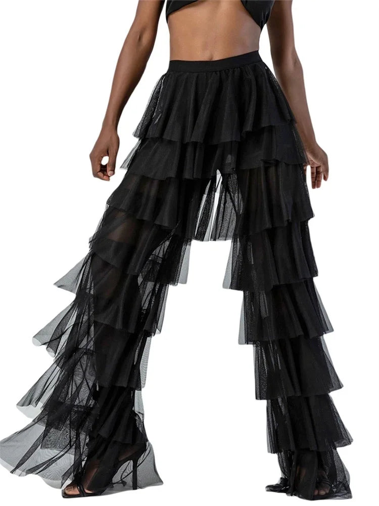 Women Wide Leg Pants High Waist Layered Tulle Pants Loose Beach Long Trousers Streetwear