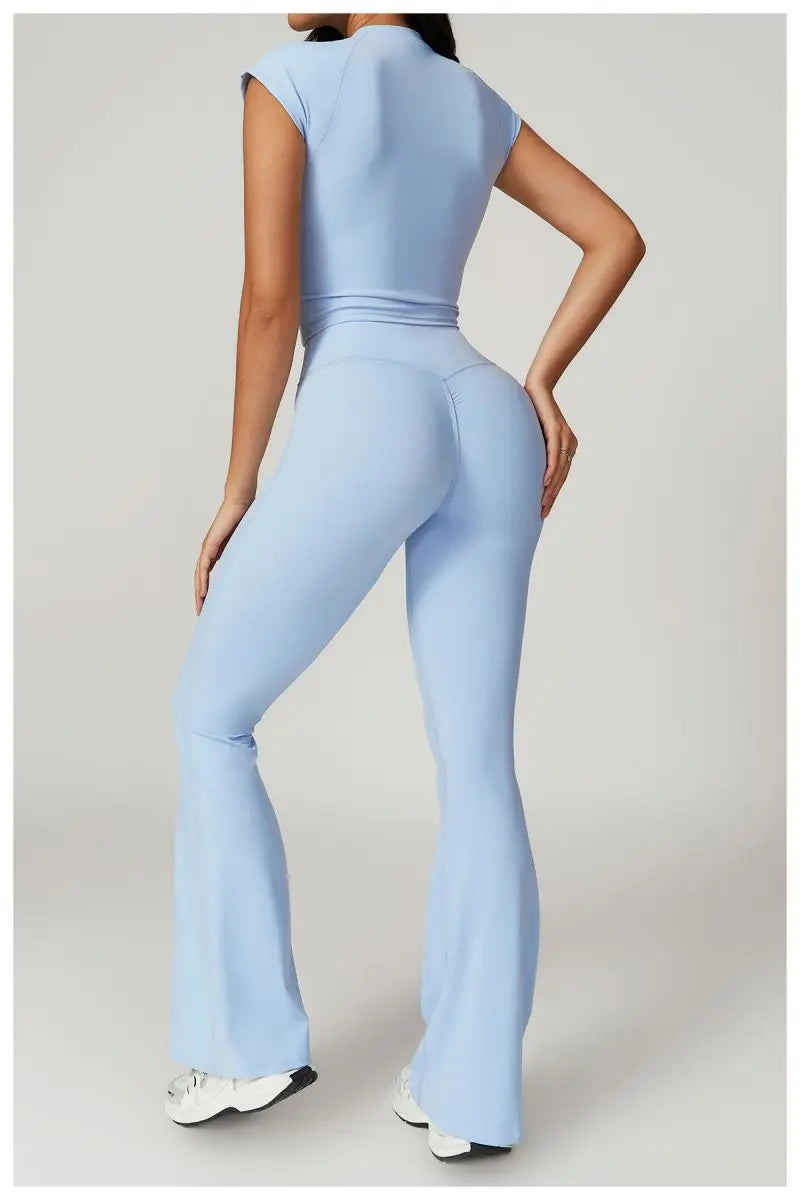 Two Piece Short Sleeve Sport Yoga Set Outfit Fitness Gym Set Workout Clothes for Women Flare Leggings Sportwear Women Tracksuit