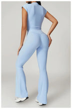 Two Piece Short Sleeve Sport Yoga Set Outfit Fitness Gym Set Workout Clothes for Women Flare Leggings Sportwear Women Tracksuit