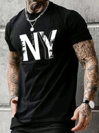 Summer men's 100% pure cotton casual loose plus size NY letter printed sports comfortable round neck short sleeved T-shirt top
