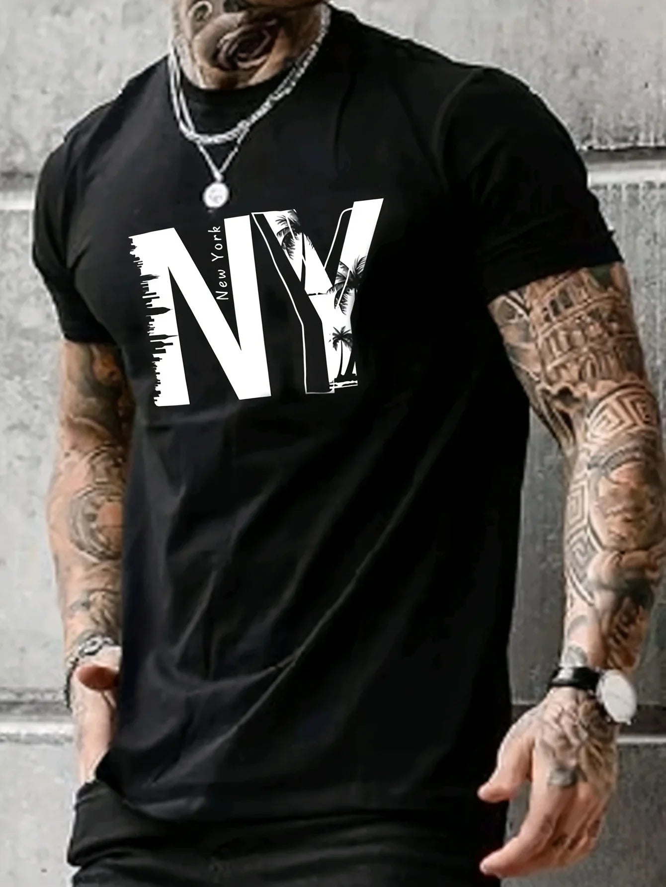 Summer men's 100% pure cotton casual loose plus size NY letter printed sports comfortable round neck short sleeved T-shirt top