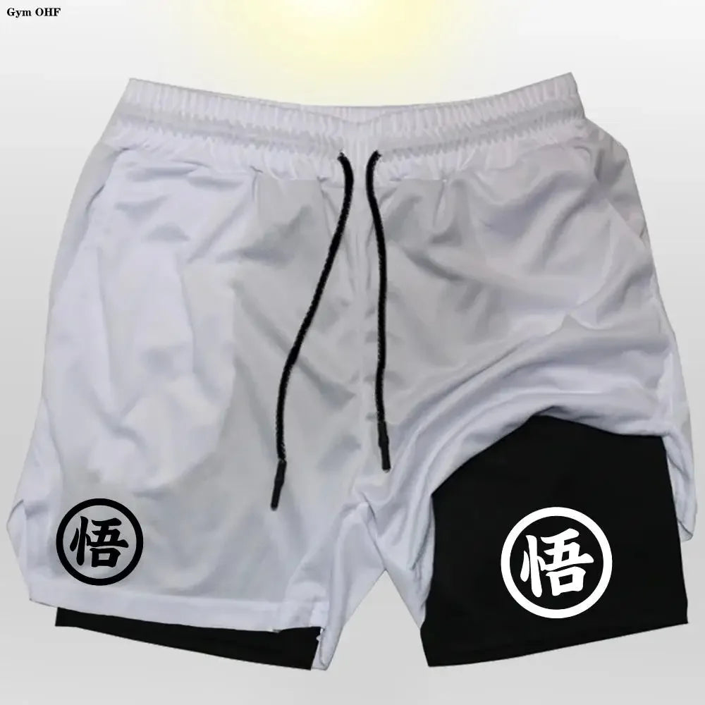 Goku Anime Running Shorts Men Fitness Gym Training 2 in 1 Sports Shorts Quick Dry Workout Jogging Double Deck Shorts