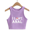 I LOVE ANAL Letters Print Summer Fashion Women Sexy Slim Tops O-neck Sleeveless Double Nylon Ladies Good Quality Tank Top