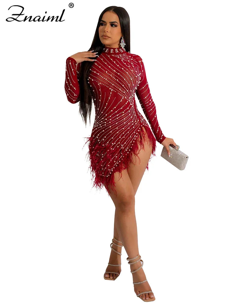 Znaiml Luxury 2023 Evening Celebrity Feathers Sheer Mesh Short Dresses for Women Sexy Pearls Rhinestones Party Birthday Vestidos