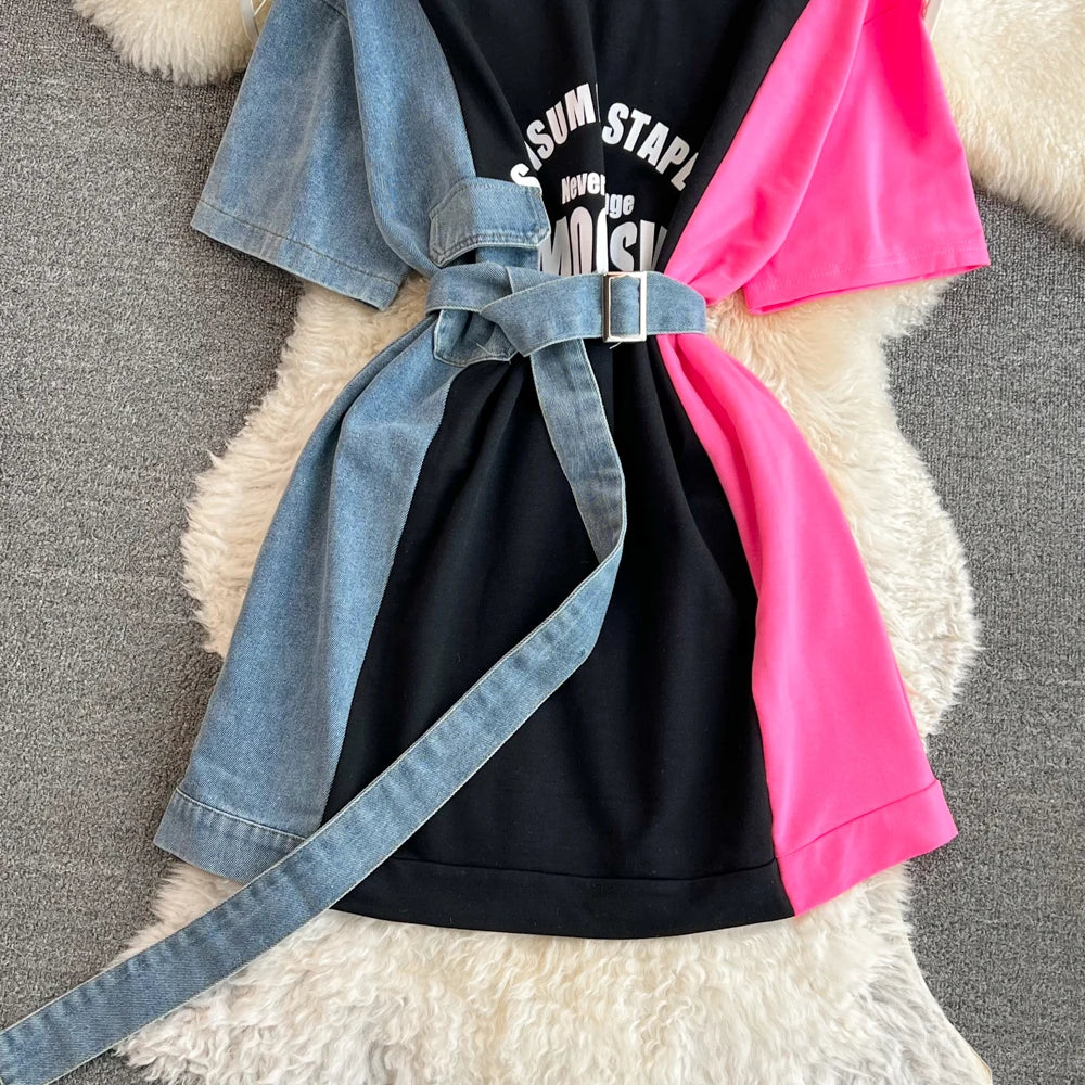 XFPV 2025 Summer Fashion Short Sleeve Round Neck High Waistband Slim A-line Denim Printed Patchwork Dress For Women SM11498