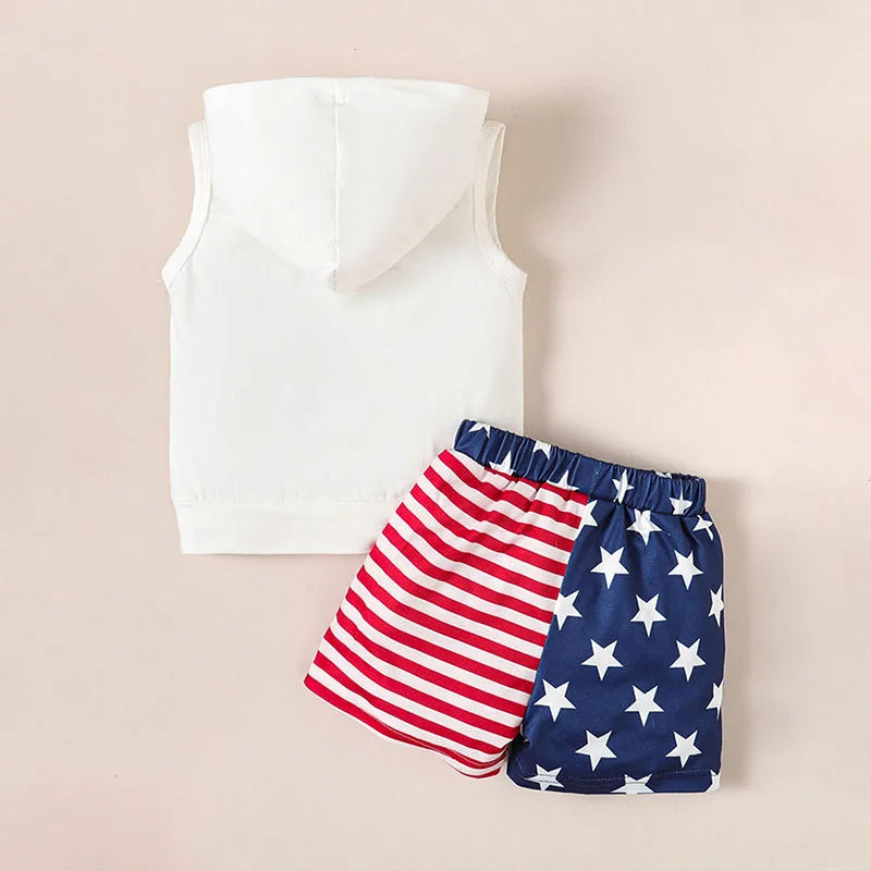 Toddler Baby Boy 4th of July Outfits, Letter Print Hooded Tank Tops Elastic Waist Striped Shorts Infant Summer Set