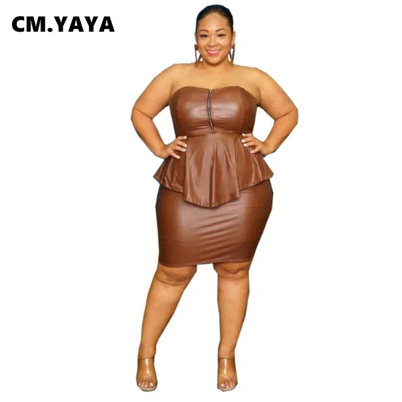 Waterarea Plus Size Elegant Faux Leather Bodycon Midi Skirt Suit  Women Strapless Zipper Fly Ruffles Top Two 2 Piece Set Outfits