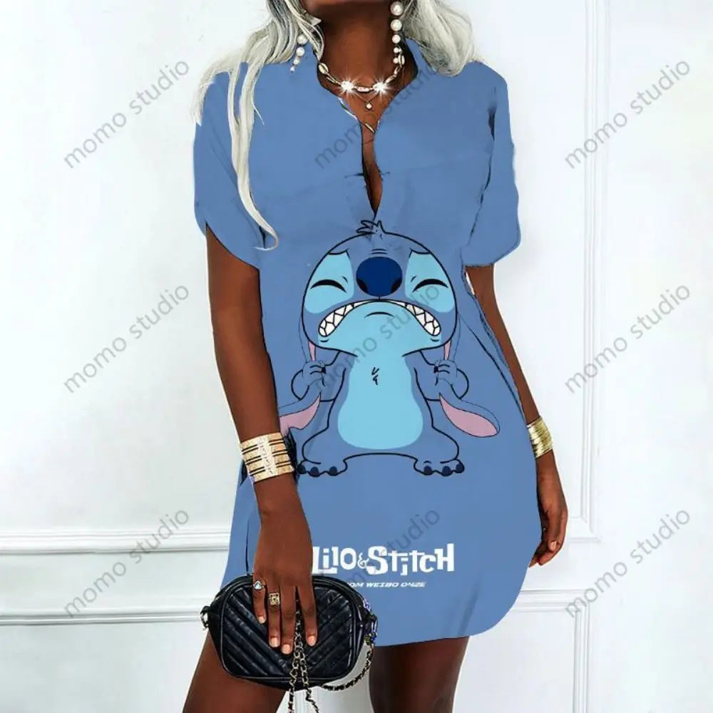 Lilo & Stitch Disney Chic and Elegant Woman Dress Sexy Fashion Y2k 2023 Summer Polo Shirts V Neck New Album Dresses Women Party